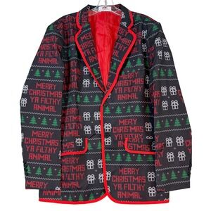 Merry Christmas Ya Filthy Animal Blazer Jacket Black •M 38-40• Ugly Xmas Tacky
